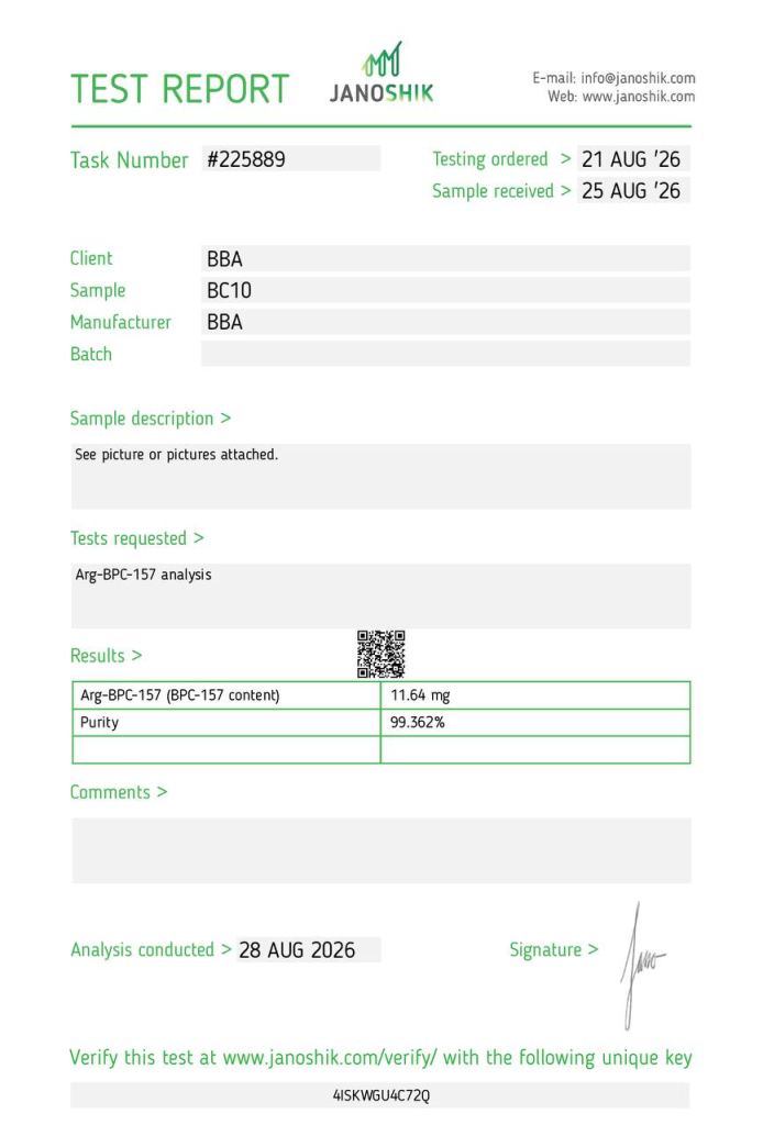 Janoshik analysrapport #225889 för Arg-BPC-157, prov BC10