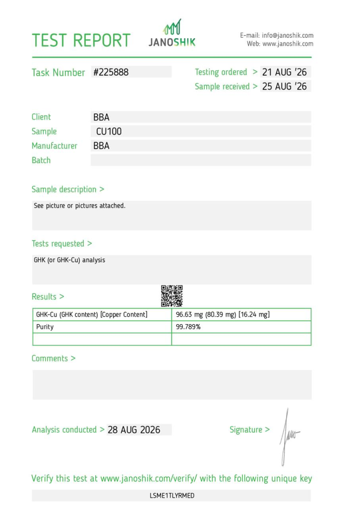 Janoshik analysrapport #225888 för GHK-Cu, prov CU100
