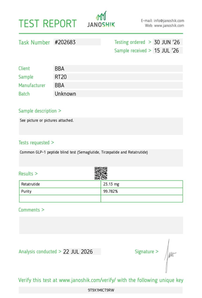 Janoshik analysrapport #202683 för Retatrutide, prov RT20