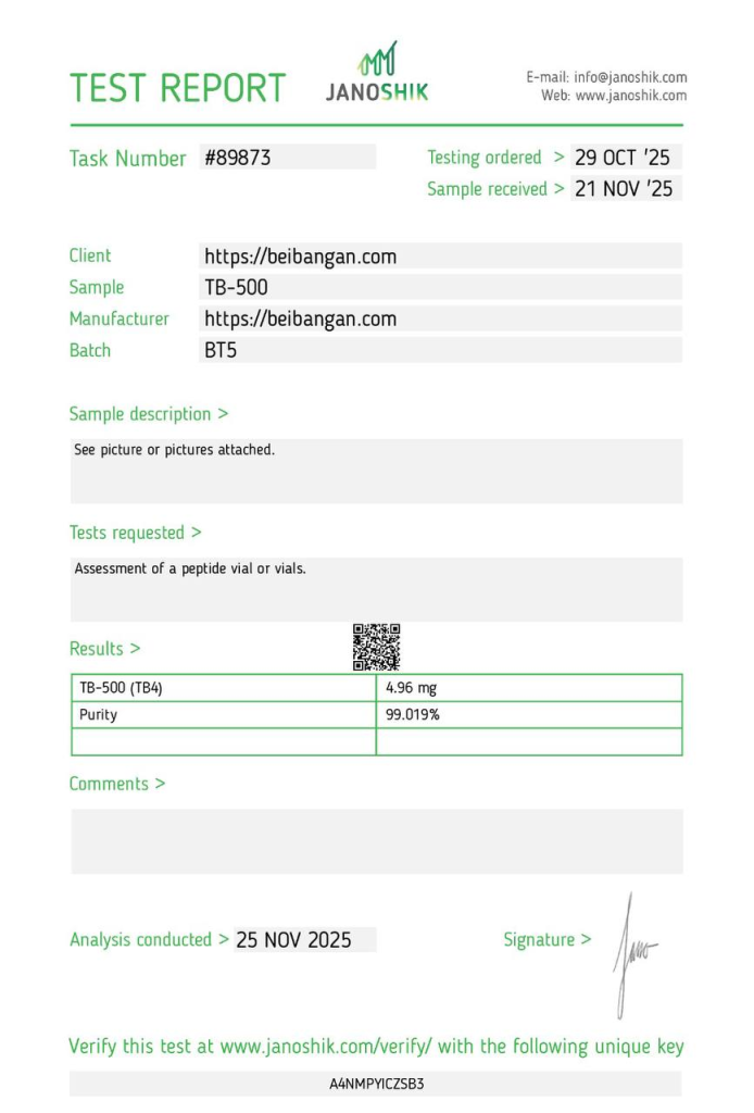 Janoshik analysrapport #89873 för TB-500 (TB4), prov TB-500
