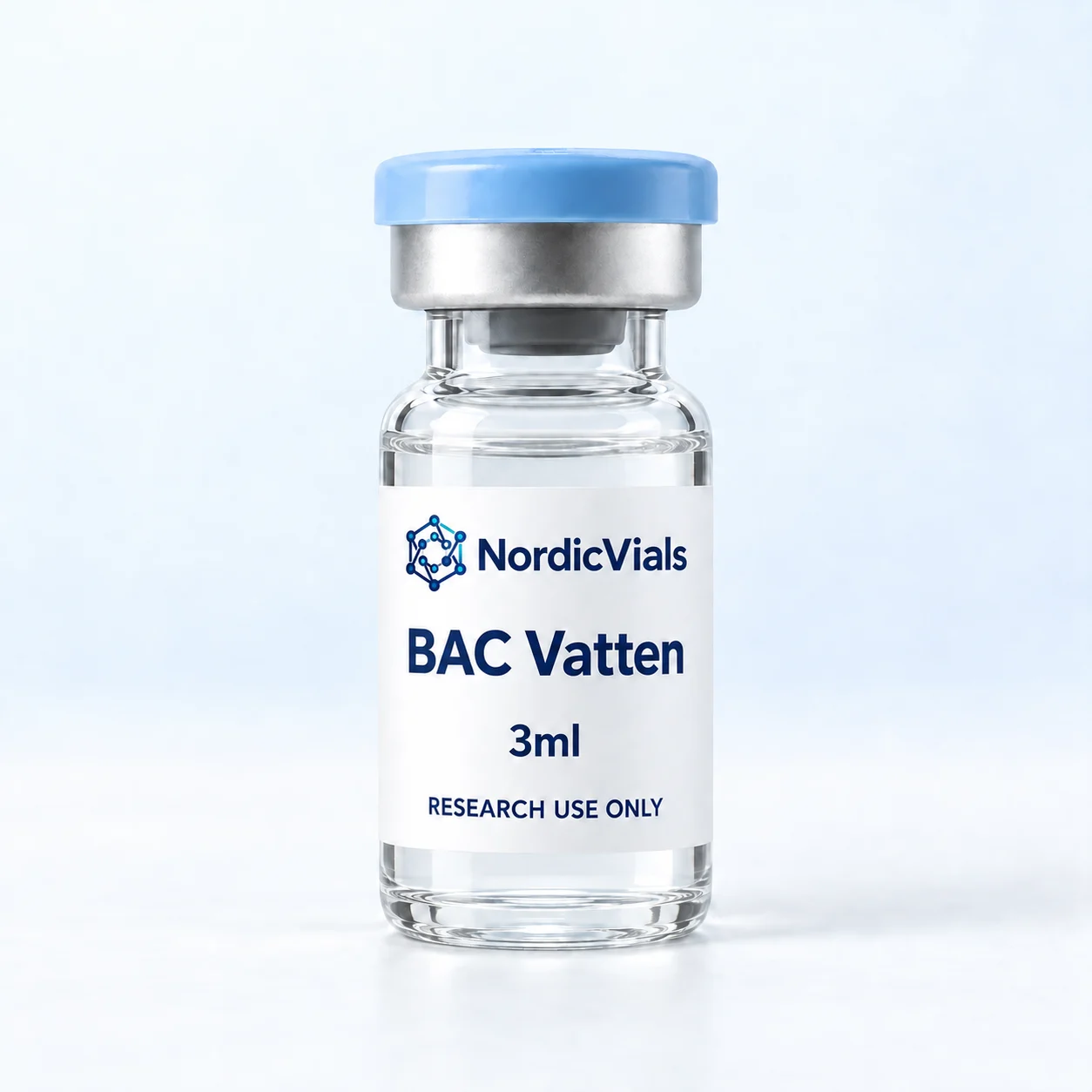 NordicVials – BAC Vatten 3 ml – AI-genererad produktillustration med NordicVials logotyp