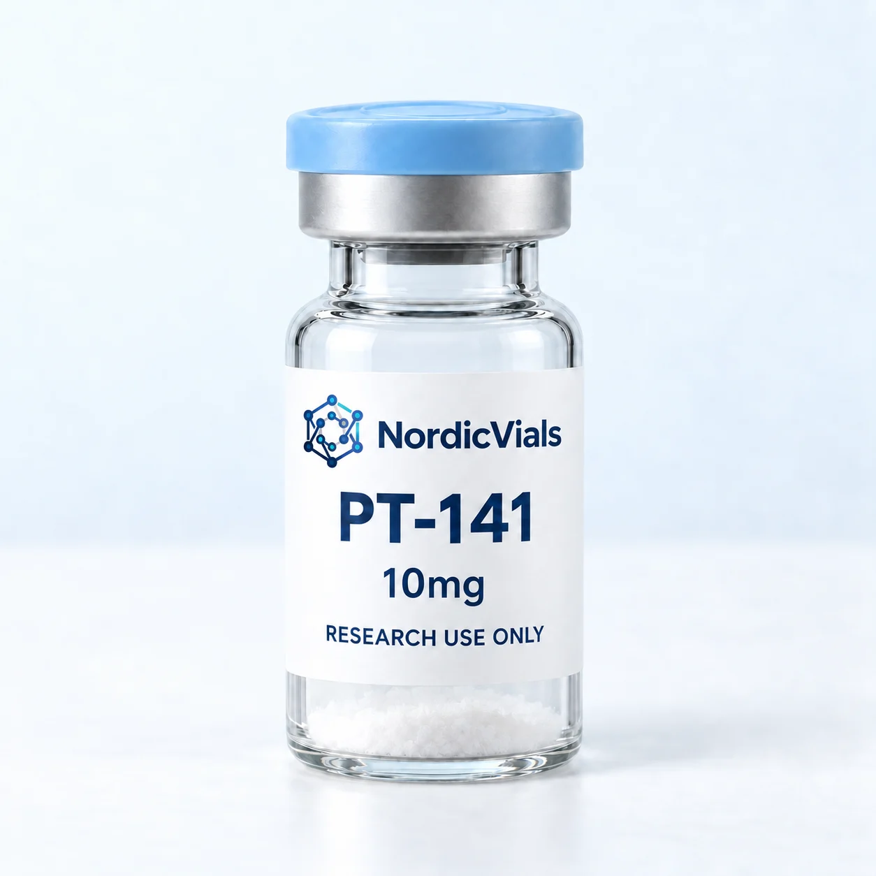 NordicVials – PT-141 10 mg – AI-genererad produktillustration med NordicVials logotyp